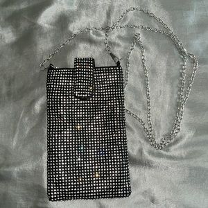 Silver rhinestone phone pouch with silver chain